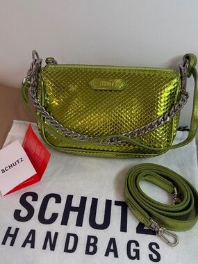 Schutz Metallic Green Leather Chain Crossbody Shoulder Bag